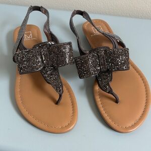 Material Girl Gunmetal Gray and Tan Bow Sandals